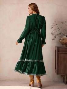 LanaWest Women's New Brown Round Neck Frill Trim Long Sleeve High Waist Flared Hem Retro Embroidered Wavy Hem Maxi Vintage Casual Bohemian Western Dress, Autumn/Winter - Dark Green - View 2