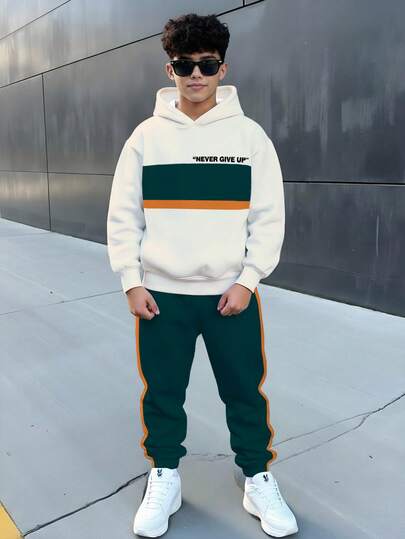 青少年男童休闲简约舒适保暖学院风时尚经典运动撞色拼接Y2K宽松长袖连帽衫套装，适合秋冬季穿着