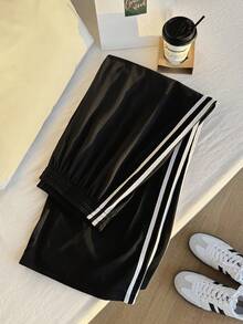 SHEIN EZwear 加大尺碼休閒黑色側邊條紋長褲