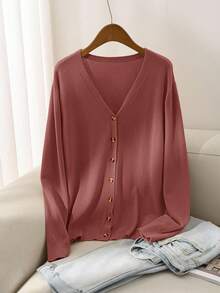 CosyJoli Áo khoác cardigan dài tay màu vàng cơ bản thường ngày cỡ lớn dành cho nữ - Màu Hồng  San hô - Xem 12