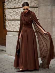 Ontre 2026春夏新款女士超长连衣裙，春夏新款复古别致优雅都市通勤日常百搭浪漫休闲90年代风格，适合情人节、派对、婚礼、约会、毕业典礼、假期、海滩、演出、早午餐、机场等多种场合。 - 咖啡棕 - 查看 3