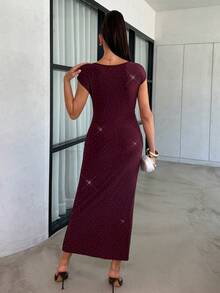 Lavishia Robe d'été élégante pour femmes avec manches chauve-souris, décoration métallique et strass - Prune - Voir 2