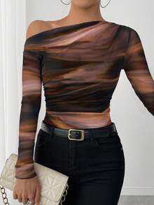 Elenzga 25-30+ Casual Autumn Tie Dye Print Ruched Shoulder Long Sleeve Elegant Women T-Shirt - Rust Brown - View 4