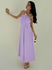 Aloruh 新款香槟色露背褶皱极简长裙，金属球装饰，宽松显瘦 - 淡紫色 - 查看 6