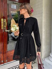 Serisse 女士优雅通勤亮片蕾丝拼接迷你连衣裙 - 黑色 - 查看 4