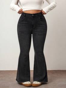 Enliva Plus Size Women's Elastic Waist Flare Leg Jeans, Black Denim Pants, Adjustable Waist, Flattering For Curvy Figures For 2026 New Year, For Apple & Rounded Body Shape - Black - View 6