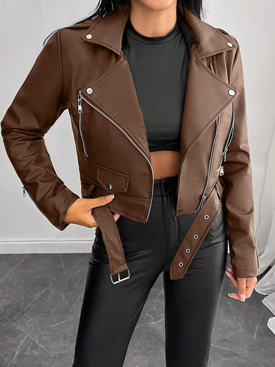 EURMUSE Petite Casual Zip Up Belted PU Leather Moto Jacket - Brown - View 1