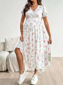 孕妇碎花印花撞色蕾丝泡泡袖哺乳连衣裙 - 白色 - 查看 6