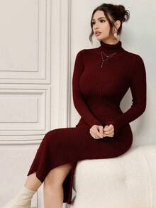 Modelyn 女士纯色高领长袖修身侧开衩下摆优雅针织连衣裙，秋冬款 - 紅色 - 查看 5
