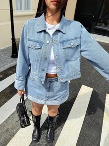 SHEIN ICON 大码高腰修身牛仔A字裙 - 淺色水洗藍 - 查看 7