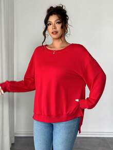 Elenzga Plus Size Bow Decor Split Hem Sweatshirt,  Day - Red - View 4