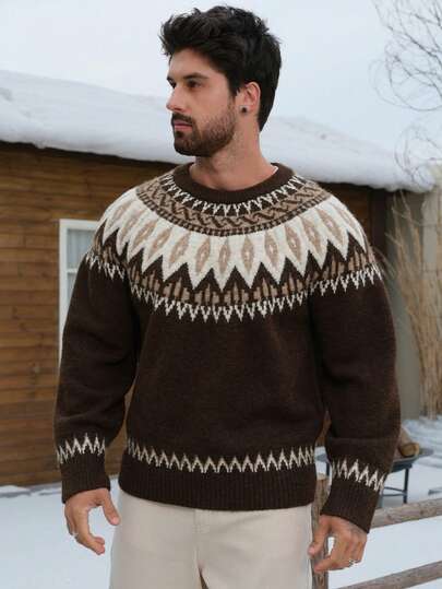 DAZY Men's Vintage Floral Jacquard Thick Crew Neck Sweater, Autumn/Winter