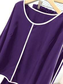 EMERY ROSE Plus Size Contrast Color Long Sleeve Top And Wide Leg Pants 2 Pieces Set - Purple - View 5