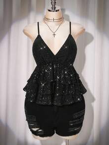 SHEIN ICON 大码女式纯色亮片荷叶边优雅时尚吊带衫 - 黑色 - 查看 3