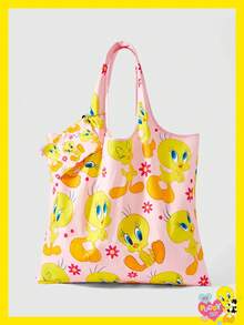 LOONEY TUNES X SHEIN 1 chiếc, Túi đeo vai hình vịt vàng có hoa, túi xách gấp gọn, phù hợp cho nữ. - Màu Hồng baby - Xem 1