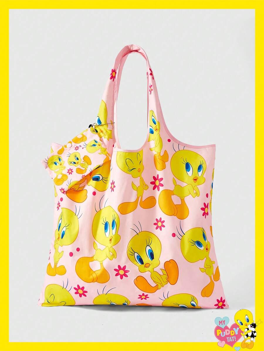 LOONEY TUNES X SHEIN 1 chiếc, Túi đeo vai hình vịt vàng có hoa, túi xách gấp gọn, phù hợp cho nữ. - Màu Hồng baby - Xem 1