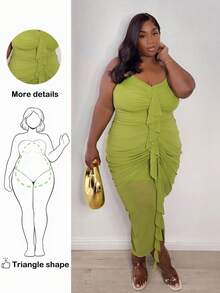 Truni Lacenleopard Women's Plus Size Cupped Bodycon Dress With Ruched Details, Elegant Front Ruffle Decorations, And Long Length,Birthday Dresses For Women, For Pear Triangle Body Shape, For Body Shape, For Summer - Lime Green - View 1