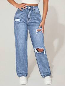 SHEIN PETITE Women's High Waist Pockets Distressed Straight Loose Casual Denim Jeans - Light Wash - View 5
