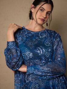 SHEIN VCAY Plus Size Women Casual Retro Paisley Print Top - Blue - View 2