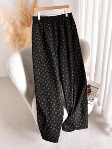 CosyJoli Plus Size Women's Ditsy Floral Pants, Black Wide Leg Loose Casual Trousers Spring Women, Spring Breaks - Black - View 2