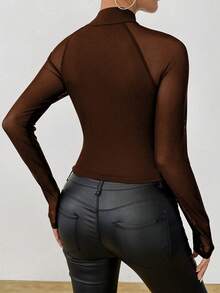 Rafferiza Women's Solid Color Raglan Sleeve Keyhole Neck Fitted Fashionable Mesh Panel T-Shirt See Through Top Dark Brown Top Brown Long Sleeve Top Women's Brown Top - Brown - View 2