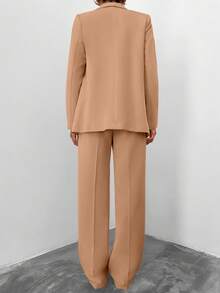 EURMUSE Women's Solid Color Shawl Collar Long Sleeve Jacket And Pants Casual Commuter Suit Set - Krem - View 2