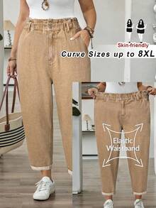 SHEIN CURVE+ Plus Size Women Ruffled Waist Pocket Tapered Casual Jeans