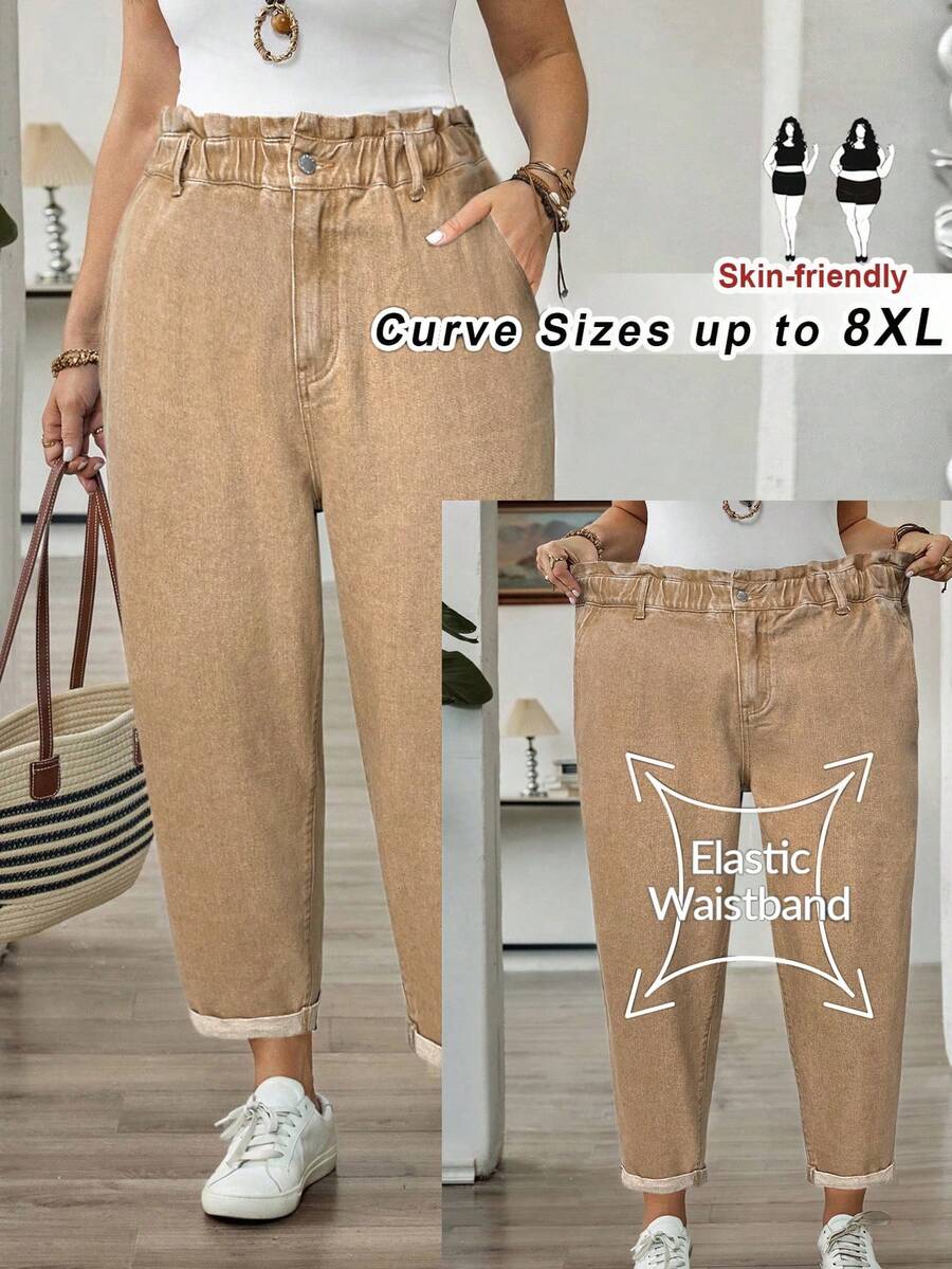 SHEIN CURVE+ Plus Size Women Ruffled Waist Pocket Tapered Casual Jeans