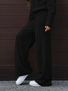 SAYEHFBABY 2 件套纯色圆领长袖毛衣和裤子，休闲针织套装 - 黑色 - 查看 5