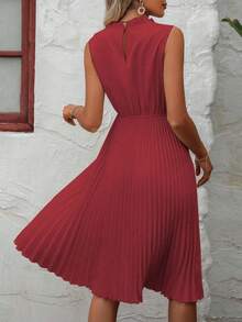 SHEIN PETITE Women's Solid Color Elegant Pleated Sleeveless Waist Dress - Red - View 2