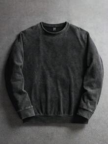 SLATEMANN Manfinity Streetrush 复古水洗休闲圆领运动衫男士街头时尚水洗长袖深灰色棉质运动衫，适合送给朋友、丈夫、男朋友的礼物，适合秋季 - 黑色 - 查看 3