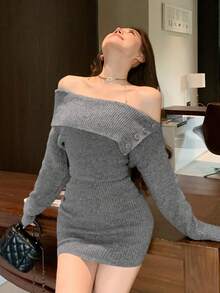 DAZY 休闲优雅超大翻领露肩不对称纽扣开衩迷你毛衣连衣裙，适合秋冬季穿着 - 灰色 - 查看 5