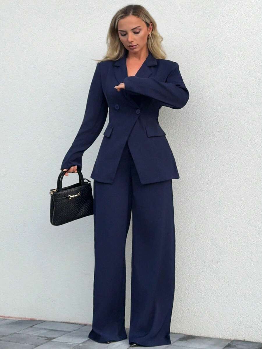 Jeta Ari Bộ đồ cơ bản hàng ngày đi làm cho nữ, áo khoác và quần dài tay cổ ve màu trơn, thời trang thu đông - Màu xanh hải quân - Xem 1