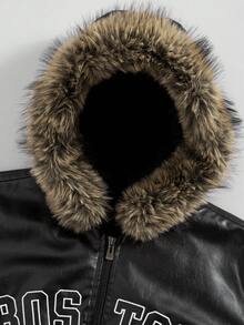 PAVTROS Plus Size Men's Street Style PU Embroidered Fleece Hoodie Jacket Fur Hoodie Men Letter Men Jacket Mens Plus Fur Men Jackets Zip Up Motorcycle Jacket - Black - View 5