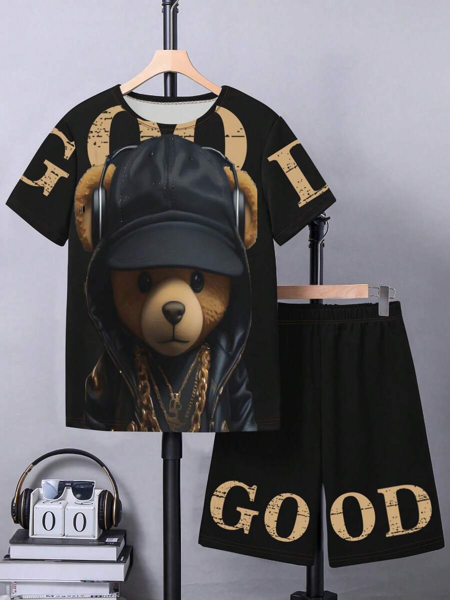 SHEIN Tween Boy 酷炫耳机熊和字母数码印花 2 件/套休闲 T 恤套装 - 黑色 - 查看 1