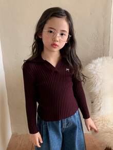 DAZY 女童纯色翻领修身长袖毛衣 - 酒紅色 - 查看 2