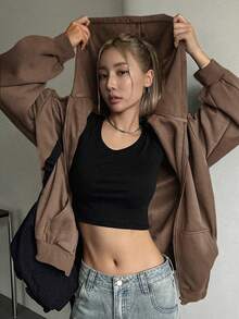 DAZY Áo khoác nữ dài tay, màu trơn, kiểu dáng vai rớt, có mũ trùm đầu, khóa kéo, thích hợp mặc mùa xuân thu, lót giữ nhiệt. - Cà phê nâu - Xem 6
