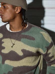 Modcrash Unisex Fluffy Camouflage Pattern Jacquard Knit Pullover Sweater, Casual Commuter Streetwear, Suitable For Autumn And Winter - Green - View 5