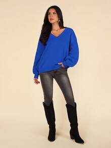 SHEIN VCAY V Neck Drop Shoulder Sweater,Long Sleeve Tops In Fall/Winter - Royal Blue - View 5