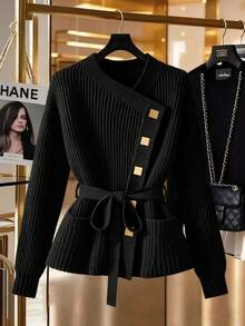 GlowEve Black Crew Neck Drawstring Waist Knit Cardigan For Women, Elegant Relaxed Fit Loose Sweater Top With Metal Button Decor, Suitable For Autumn/Winter