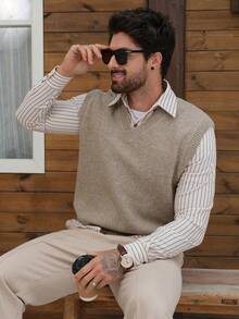 DAZY Men's Solid Color V-Neck Knit Vest, Autumn/Winter - Khaki - View 7