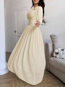 Modelyn Women's Elegant Solid Color Cinched Waist Dress, Suitable For Parties - Apricot - View 5