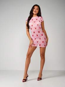 Missguided x Playboy 兔子印花网纱罩衫连衣裙 短袖迷你裙 沙滩泳装罩衫 - 紅色 - 查看 5