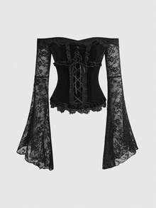 ROMWE Goth Dark Velvet & Contrast Lace Off-Shoulder Women Top - Black - View 1