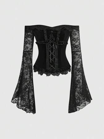 Goth Top de mujer con hombros descubiertos de terciopelo oscuro y encaje en contraste