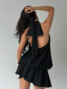 Aloruh 女士优雅吊带系带迷你连衣裙 - 黑色 - 查看 10
