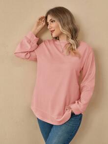 Rosumi Plus Size Casual Solid Color Crew Neck Sweatshirt, Women's Fall Clothes,Fall Clothes For Women, Casual Minimalist Style For Everyday Wear,Going Out,Spring - Pink - View 5