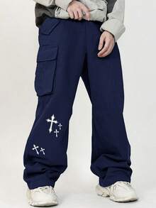 SHEIN Tween Boy Vacation Collegiate Style Side Pockets 3D Patch Pockets Straight Loose Solid Woven Pants - Navy Blue - View 3