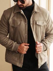 Manfinity Homme 男士保暖内衬休闲单排扣保暖夹克，秋冬短款男士夹克，棕色衬衫式夹克，男士大地色系秋季系列 - 棕色 - 查看 4