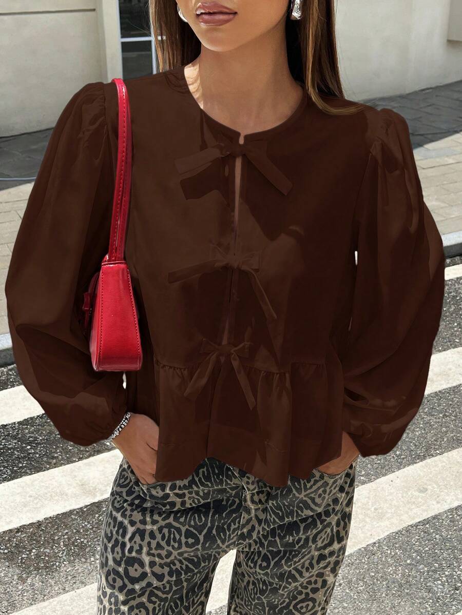 SHEIN EZwear 棕色梭织女式灯笼袖蝴蝶结衬衫 - 棕色 - 查看 1